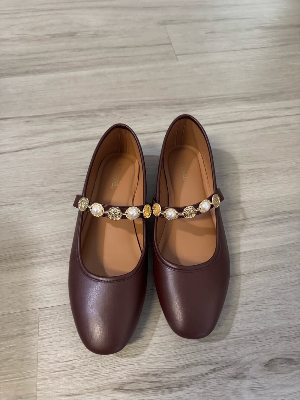 Women’s Pearl-Embellished Mary Jane Flats in Deep Burgundy